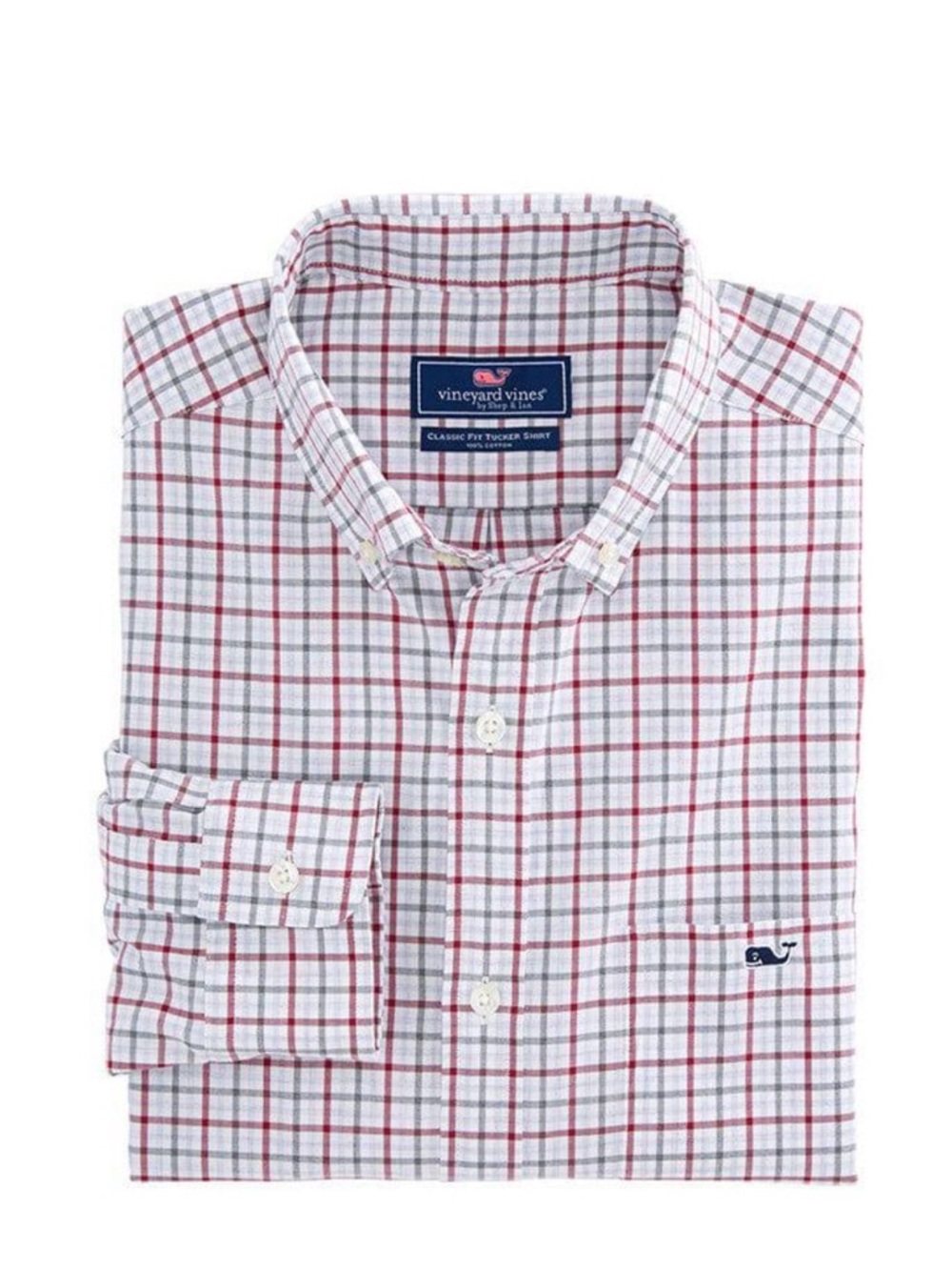 Vineyard Vines White Shirt with Red and Navy and green Windowpane Plaid